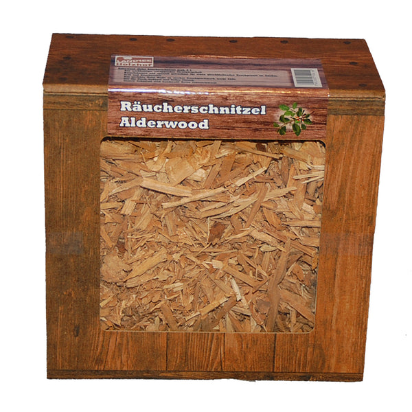 Alderwood ERLE Räucherschnitzel Box 3 Liter oder 5 Liter Schüttware, grobe Körnung – Späne Wood Chips Grill Smoker BBQ Räucherholz