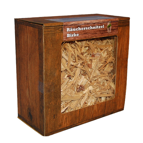 Birke Räucherschnitzel Box, 3 Liter, grobe Körnung – Späne Wood Chips Grill Smoker BBQ Räucherholz