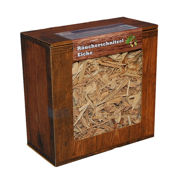 Eiche Räucherschnitzel Box 3 Liter oder 5 Liter Schüttware, grobe Körnung – Späne Wood Chips Grill Smoker BBQ Räucherholz