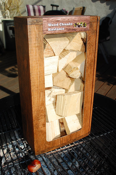 Kastanie Wood Chunks 1 kg Schüttware oder 1,5 kg Box – Späne Wood Chips für Grill Smoker BBQ Räucherklötze Holz Stücke