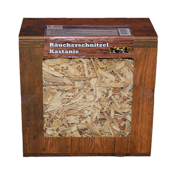 Kastanie Räucherschnitzel Box 3 Liter oder 5 Liter Schüttware, grobe Körnung - Späne Wood Chips Grill Smoker BBQ Räucherholz