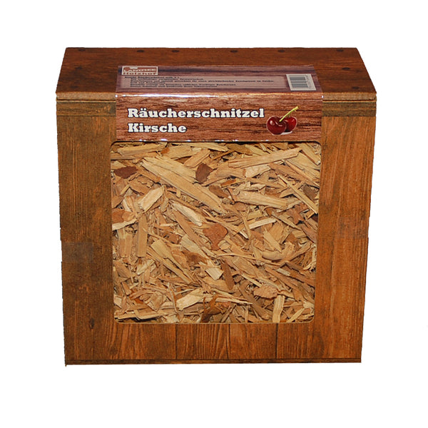 Kirsche Räucherschnitzel Box 3 Liter oder 5 Liter Schüttware, grobe Körnung – Späne Wood Chips für Grill Smoker BBQ
